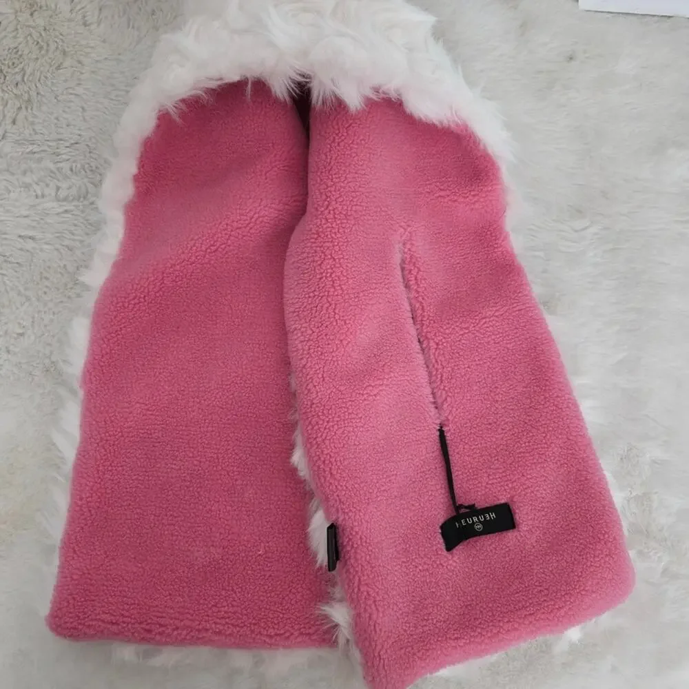 HEURUEH Faux Fur Hybrid Pull Through Scarf Pink Cream Fleece Luxe Winter OS